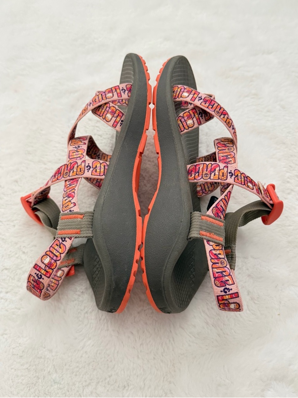 Chaco Women's Strappy Sandals in Gray with Pink/Orange Patterned Straps - Picture 5 of 9
